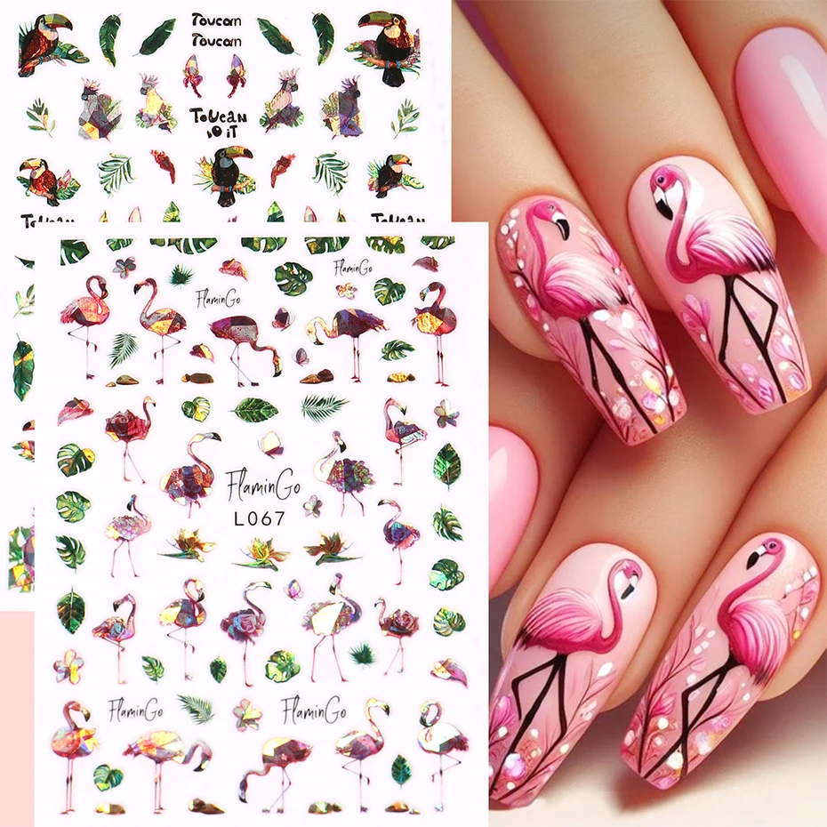 2 pezzi 3D Laser Estate Tropicale Adesivi per unghie Fenicotteri rosa lucidi Woodpeckers Foglie di palma Disegni Decalcomanie adesive Lamine per manicure