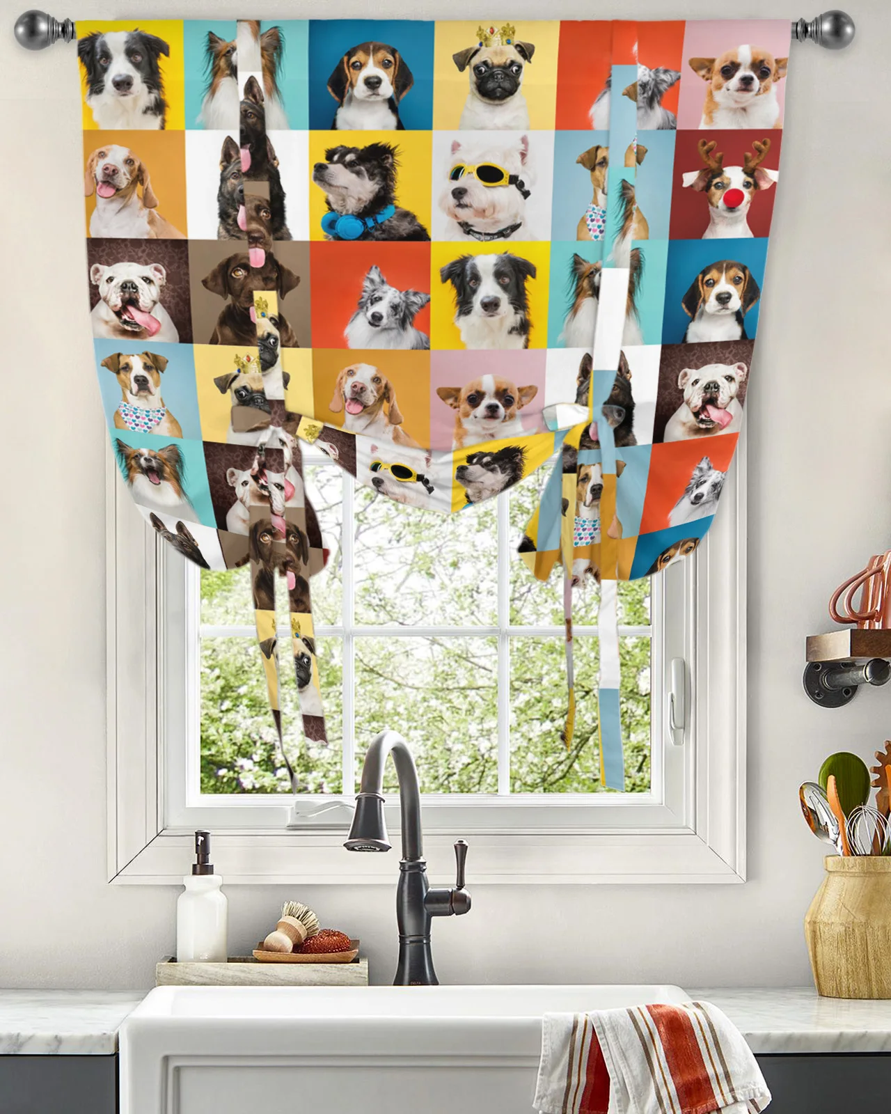 Bulldog Border Collie Bull Terrier Pet Dog Curtain for Living Room Kitchen Tie-up Short Curtains Adjustable Rod Pocket Drapes