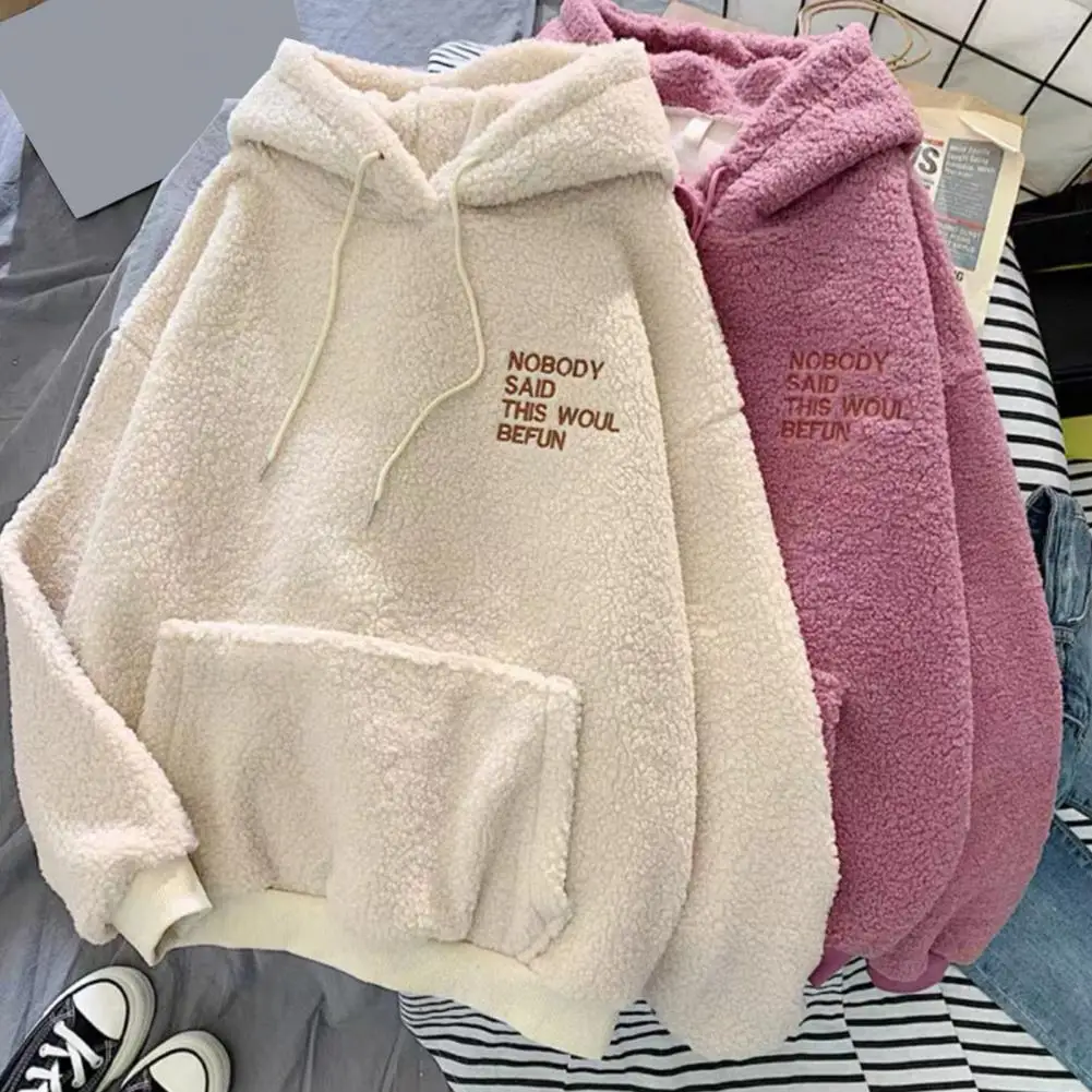 

Casual Hooded Sweatshirt Cozy Fall Winter Women's Hoodie with Drawstring Thick Fleece Fabric Embroidered Letter for Warmth