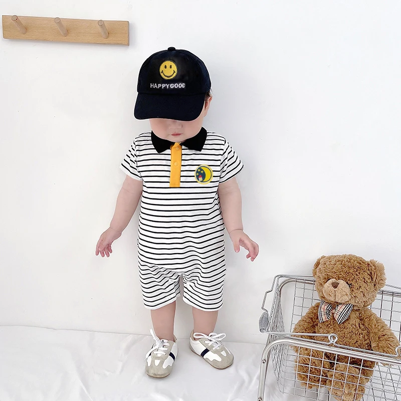 Baby boy preppy style jumpsuit stripesd jumpsuit summer newborn baby clothes summer handsome and stylish thin pure cotton short-