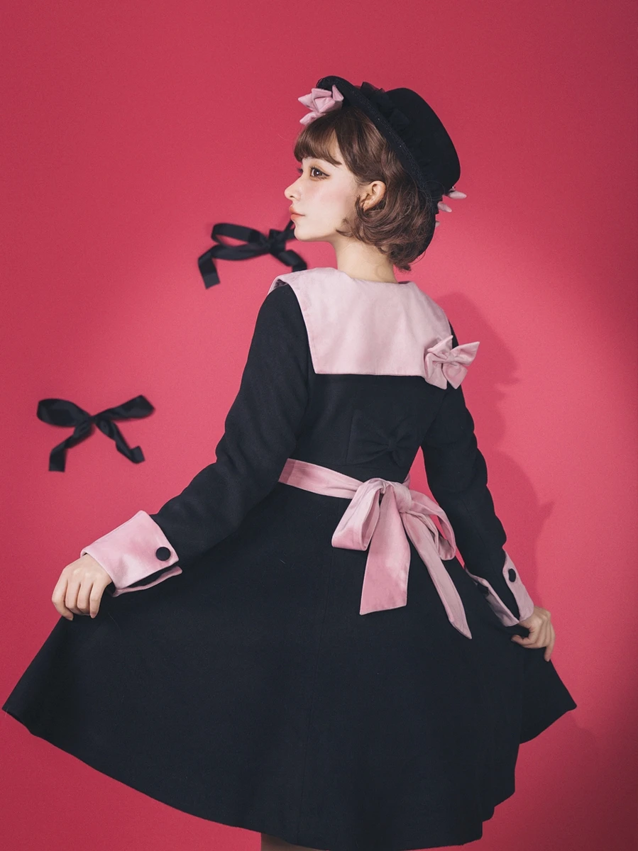 เสื้อโค้ทขนสัตว์แบบกระดุมแถวเดียว สไตล์โลลิต้า น่ารักหวานๆ สำหรับสาวๆ  แบบย้อนยุคหรูหราสไตล์ฝรั่งเศส  สำหรับฤดูใบไม้ร่วงและฤดูหนาว  สไตล์ญี่ปุ่น  พร้อมโบว์