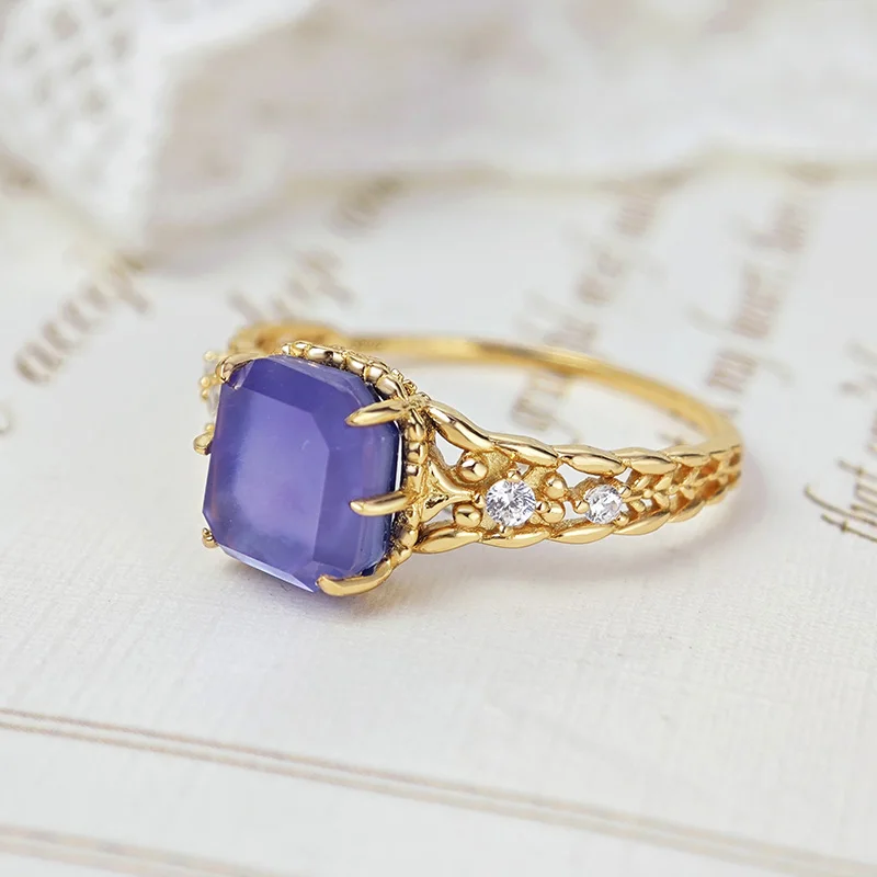 LAMOON Vintage Bijou Amethyst Rings For Women 925 Sterling Silver Ring Natural Triply Stone Gold Plated Fine Jewelry Accessories