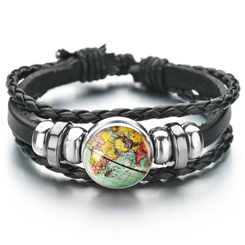 New Globe  Charms Bracelet Retro Earth World Map Art Photo Glass Dome Black Leather Bracelet New York Map Handmade Jewelry