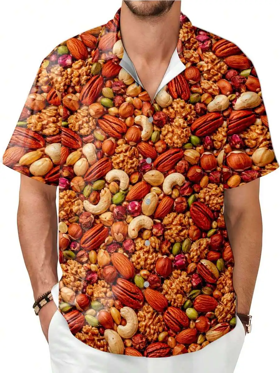 

Mens Hawaiian Shirt With Assorted Nuts Print Short Sleeve Button Down Casual Summer Beach Shirt
