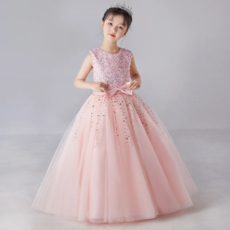 Nieuwe Kinderen Elegante Prinses Jurk Baby Meisjes Leuke Boog Bladerdeeg Mouw Verjaardagsfeestje Kleding Tienermeisjes Baljurk Jurken