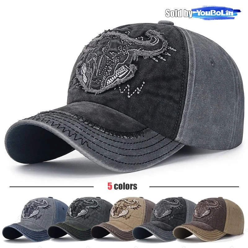 Fly Edge Washed Bull Head Pattern Patch Embroidery Cotton Adjustable Baseball Cap Sun Hat Trucker Caps Dad Hats