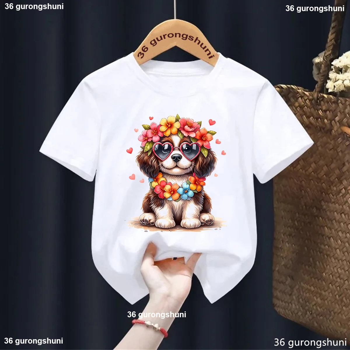 

Hawaiian Watercolor Dog Print Girl T-Shirt Dog Lover Tshirt Kids Summer Vacation Tshirt Tops Cute Children'S Clothes White Shirt