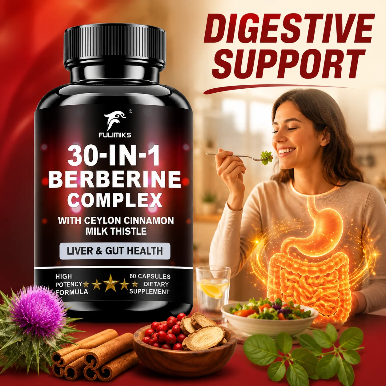 Berberine Complex 30-in-1 Supplement, Support Gut Health & Liver Care, Antioxidant,  with Ceylon Cinnamon & Milk Thistle Extract