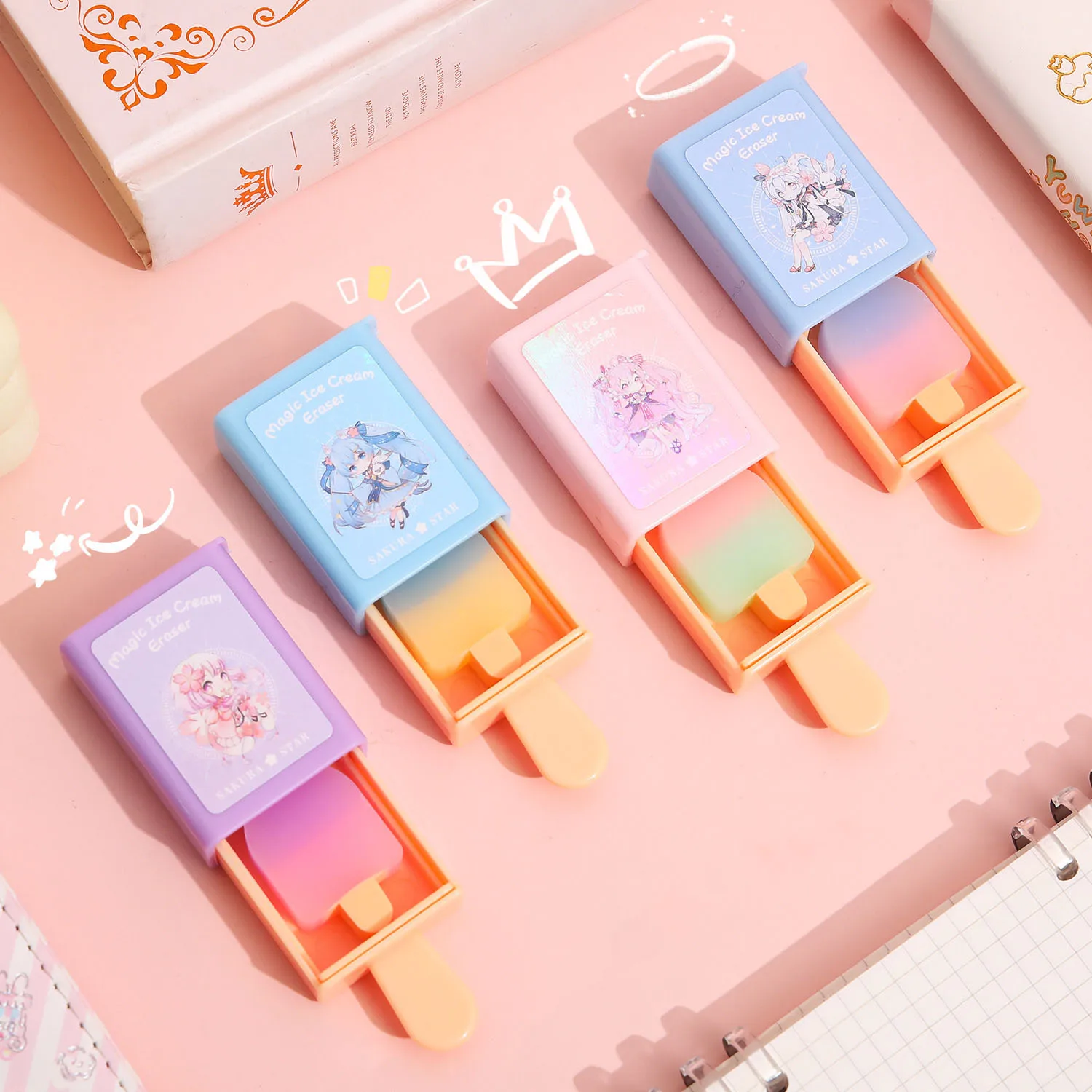 1pcs Creative Magic Girl Magic Eraser Popsicle Shape Rubber Fun Magic Box Wipe Clean Pupils Cute Learning Cartoon Stationery