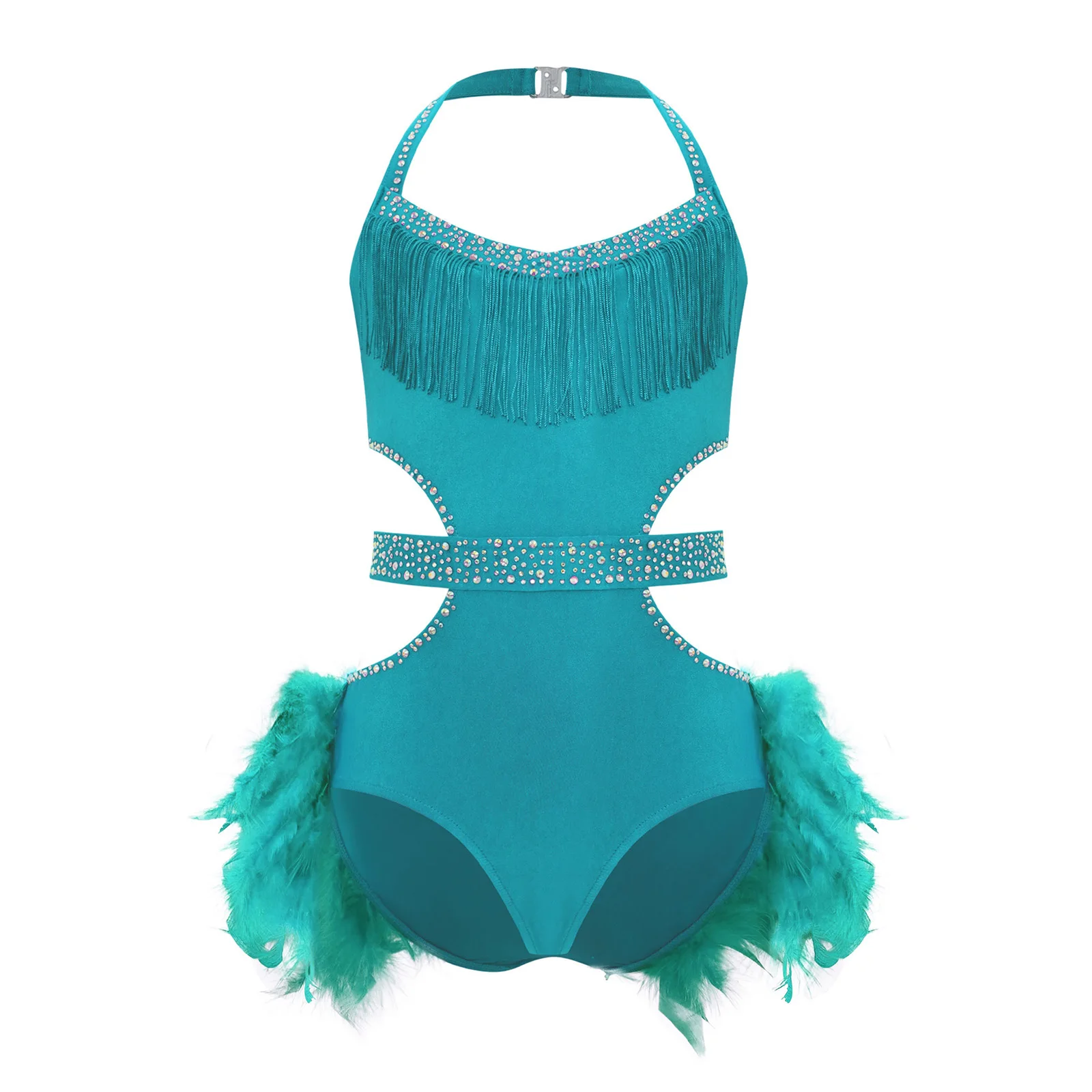 Abito da ballo latino con piume Ragazza per bambini senza maniche con ritaglio Pattinaggio Body da balletto Abiti per ballare Costume da spettacolo scintillante