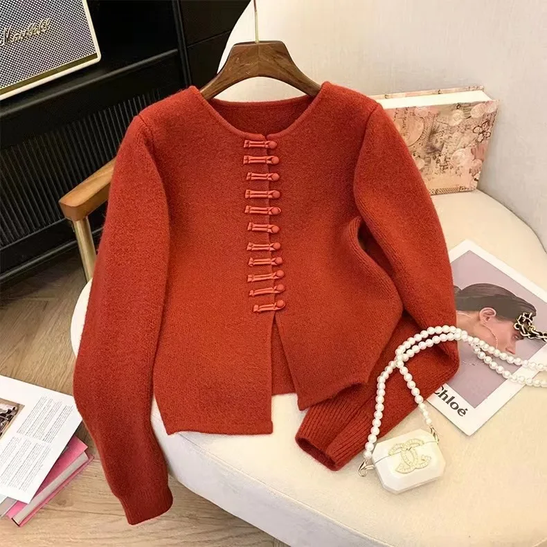 Cárdigan con botones de rana de estilo chino para mujer, suéter de punto suave, chaqueta, versátil y perezosa, otoño 2025