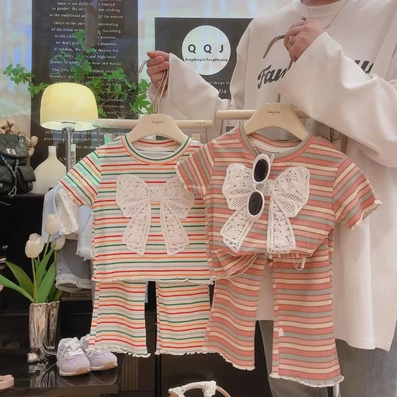 bebe-meninas-conjuntos-de-roupas-crianca-listrado-manga-curta-blusa-calcas-2-pcs-ternos-da-crianca-arco-no-traje-2025-verao-criancas-roupas