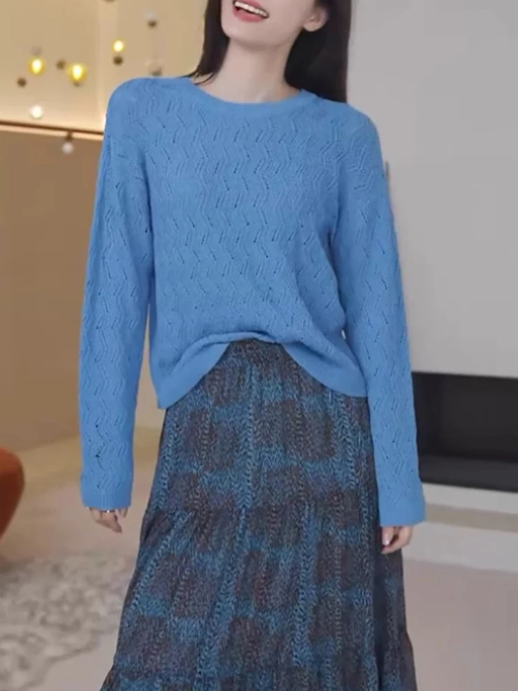 بلوزة نسائية بياقة مستديرة من الصوف بأكمام طويلة وتصميم نحيف لربيع 2024 بأسلوب كوري عصري #5