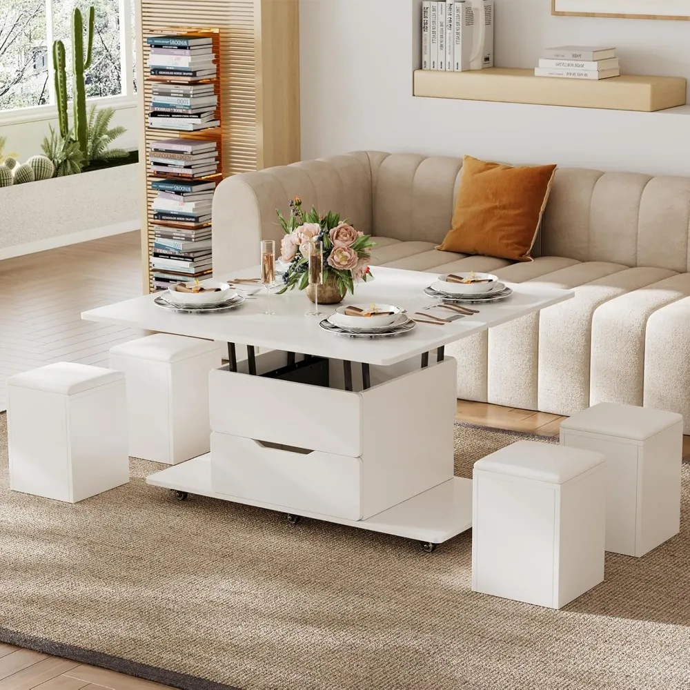 

White Lift Top Coffee Table with Hidden Storage, 3 in 1 Multi-Function Modern Folding Center Table with 4 Stools and Casters