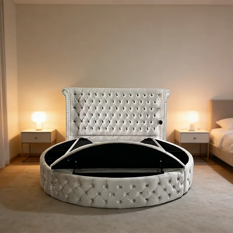 # Velvet Fabric High-end Luxury Round Bed with Large Storage and Wooden Frame Slatted Base Eco-friendly