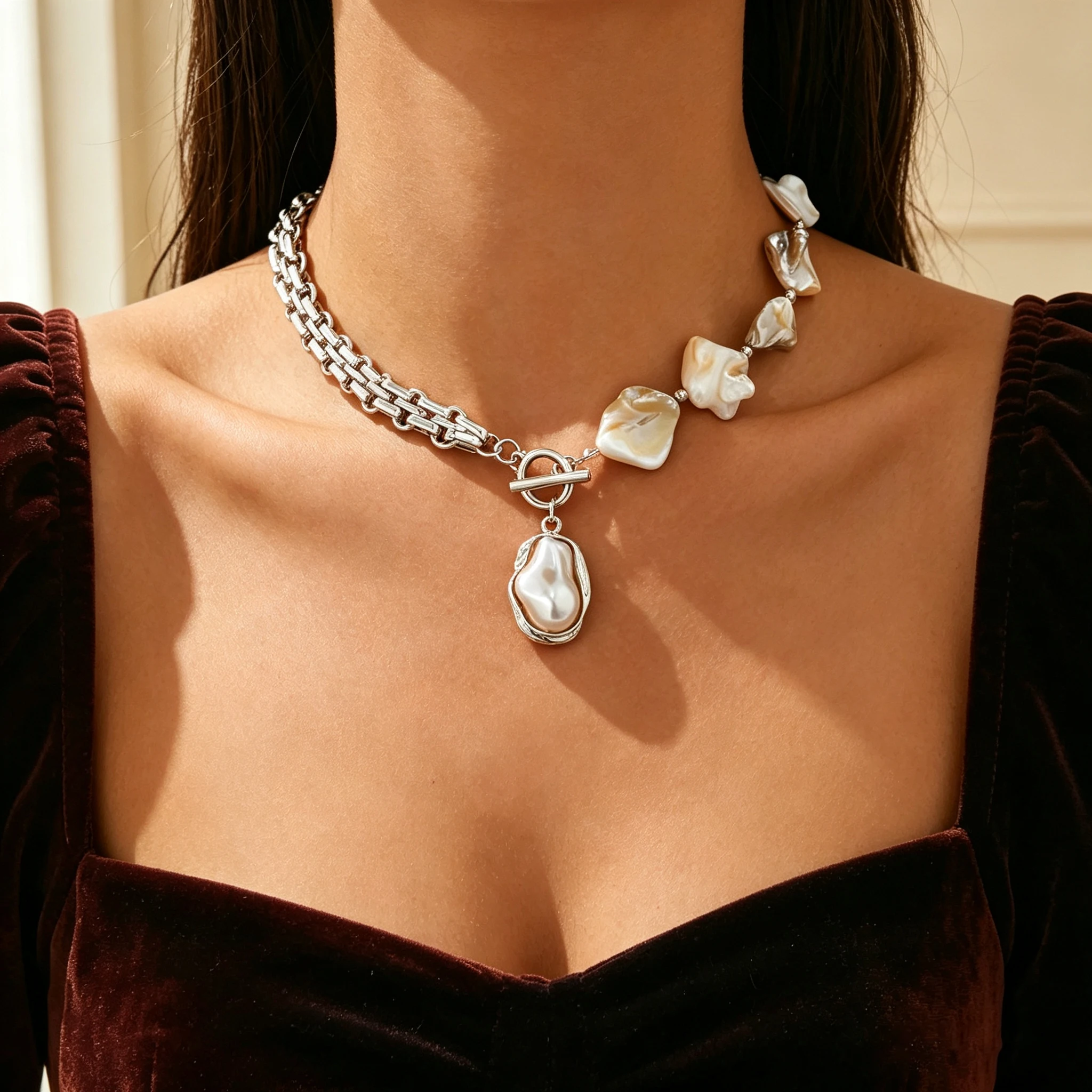 Vintage Boho Irregular Shell Beaded Faux Baroque Pearl Choker Necklace OT Toggle Clasp Chunky Gold Chain Women Daily Jewelry view 2