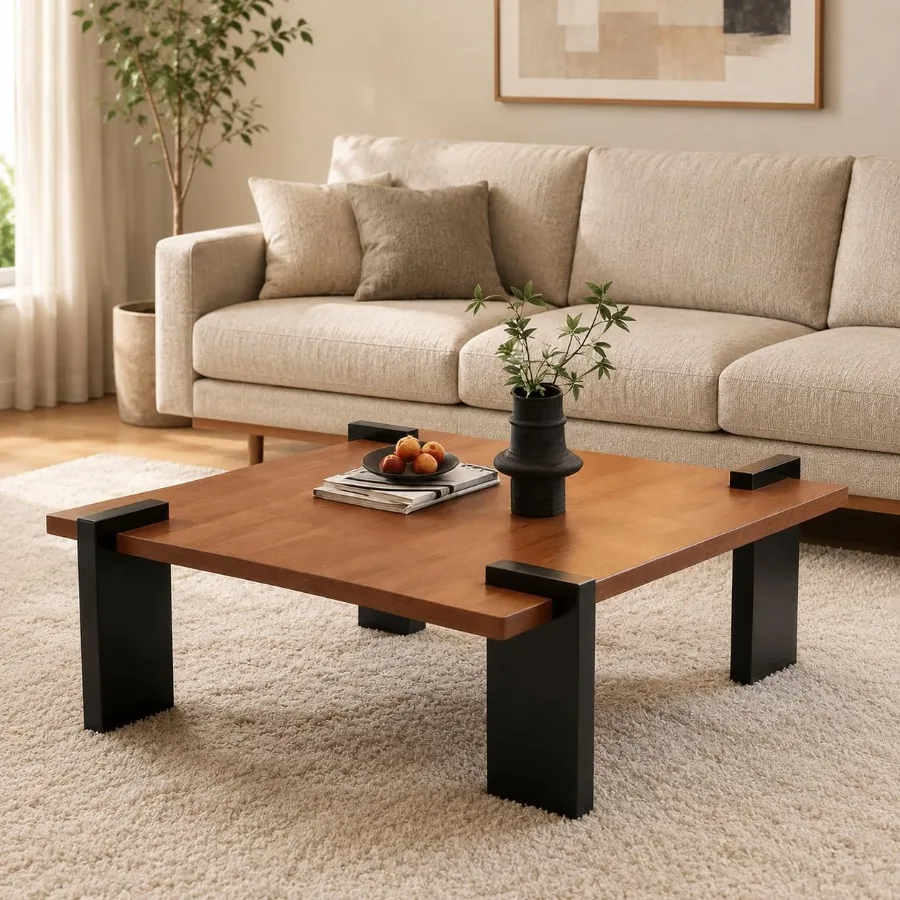 31.5 Inch Square Coffee Table, Walnut Wood Low Profile Center Table for Small Living Rooms, Apartments and Bedrooms, Assembly R