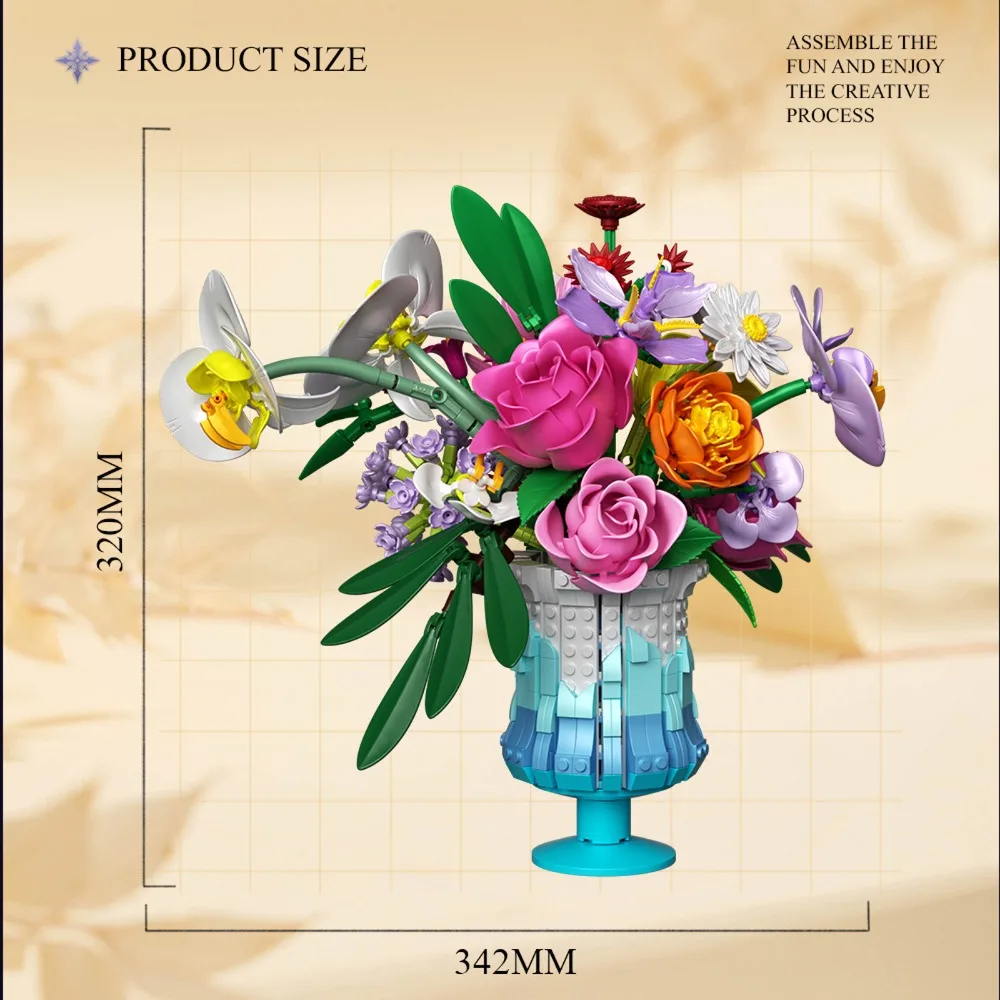 956 قطعة مجموعة بناء مزهرية الورد لتقوم بها بنفسك نموذج باقة الأزهار مع كتل الجسيمات الصغيرة تجميع ألعاب الأطفال هدايا عيد الميلاد #3