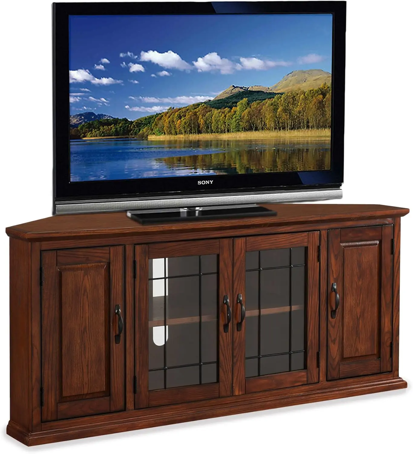 Leaded Glass Corner TV Stand with Enclosed Storage For 60