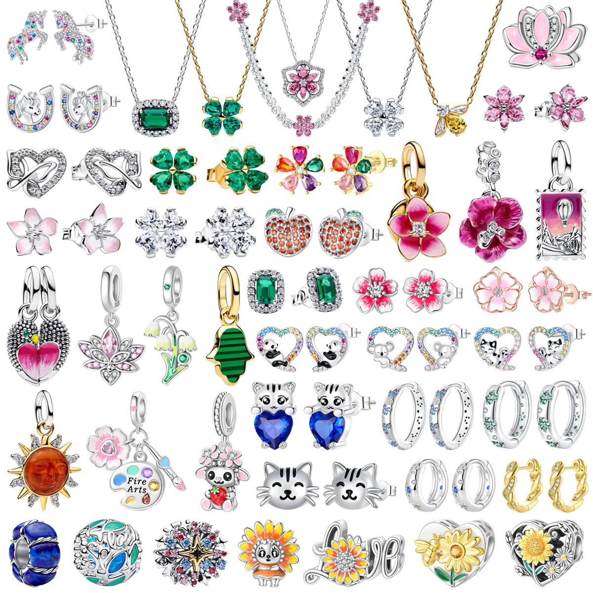 925 Sterling Silver Romantic Sunflower Lotus Four Leaf Clover Flower Bead Pendant Earrings Necklace for Women's Jewelry Gift Set