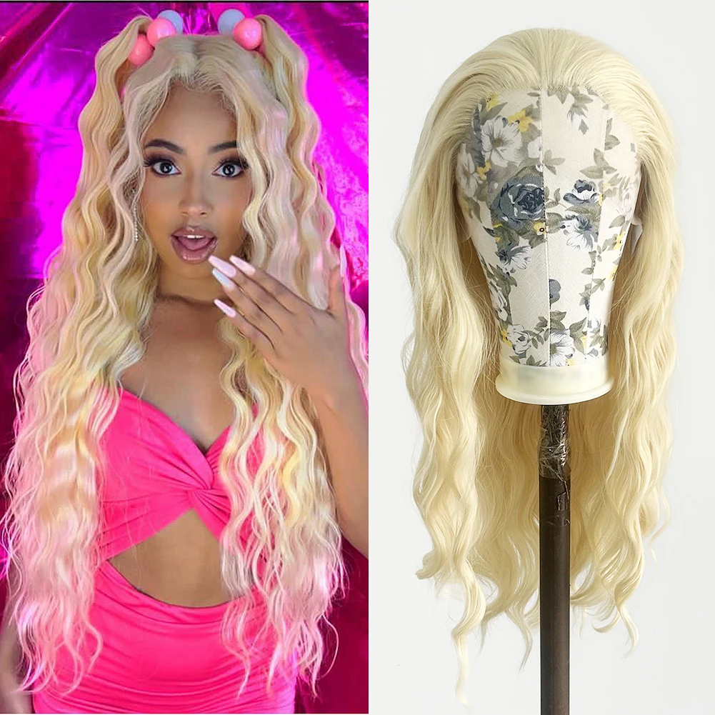 Blonded #613 Synthetic Lace Front Wigs Blonde Color Long Soft Hair Deep Wave Wig Heat Resistant Fiber Long Wavy Wigs Daily Wear