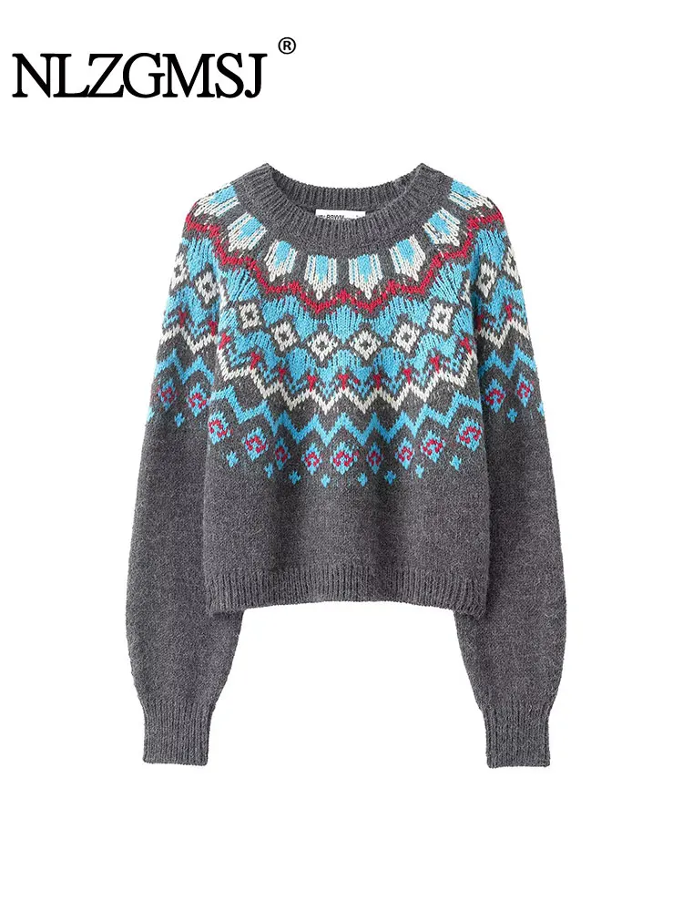 

NLZGMSJ 2025 Autumn Women's Knitted Pullover Women Fashion Long Sleeve Vintage Jacquard Sweater New Casual Loose Knitwear Top
