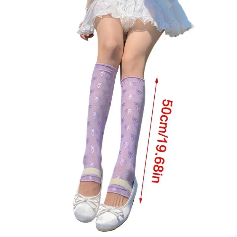 195E النساء الفتيات الشمس واقية أصابع قفازات بلون Bowknot طباعة الذراع تدفئة الساق الجليد الحرير التبريد الذراع أكمام الساق #6