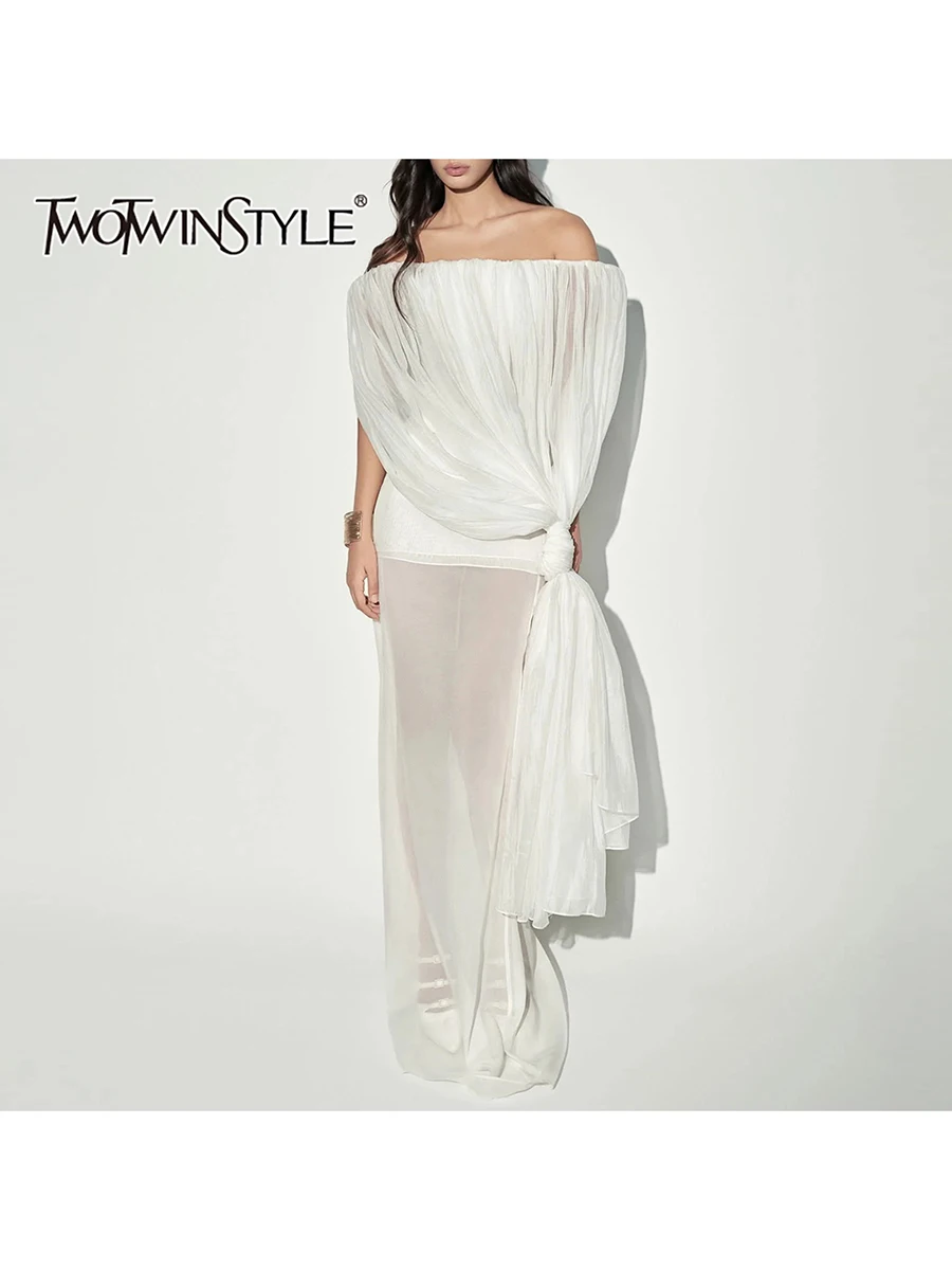 TWOTWINSTYLE Solid Sheer Spliced Folds Elegant Dresses for Women Slash Neck Long Sleeves Temperament Dress Female Clothing New