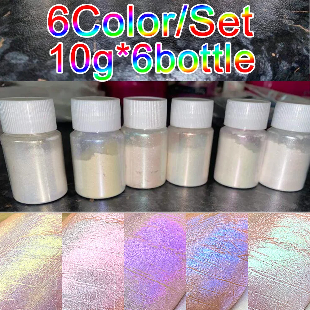 6Color Pearlescent Aurora Chrome Nail Powder 10g/Bottle Iridescent Shell Powders Holographic Mirror Effect Nail Pigment Dust Set