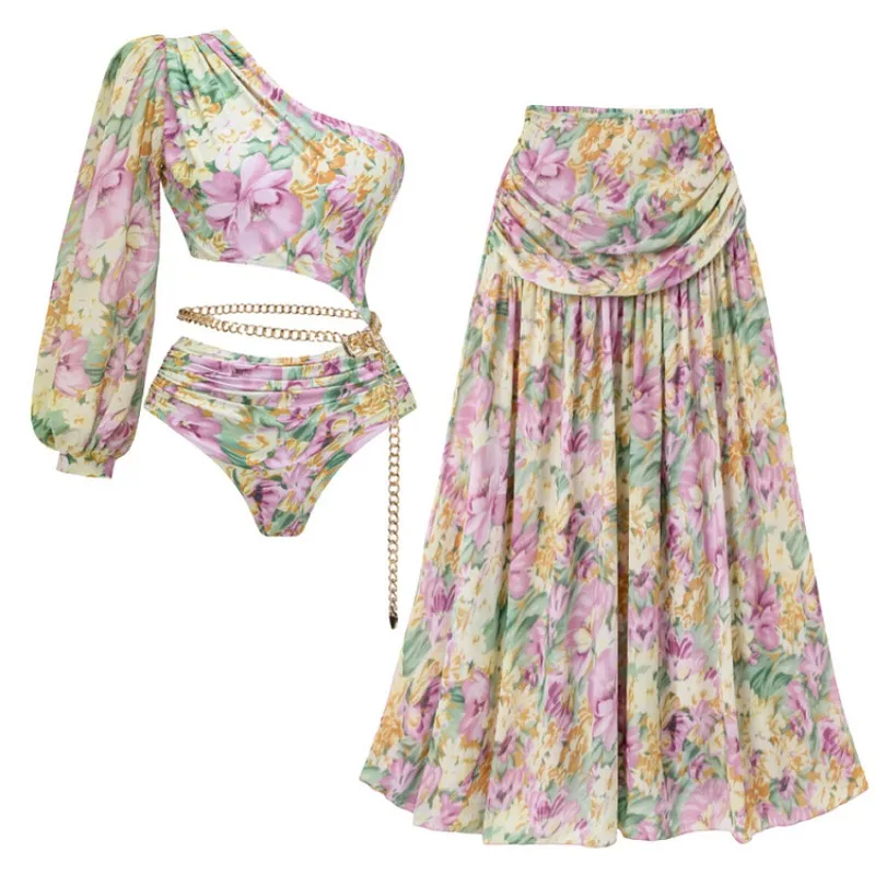 

Женский слитный купальник с длинными рукавами, вырезами на плечах и цветочным принтом, в отпускном стиле, для пляжного отдыха