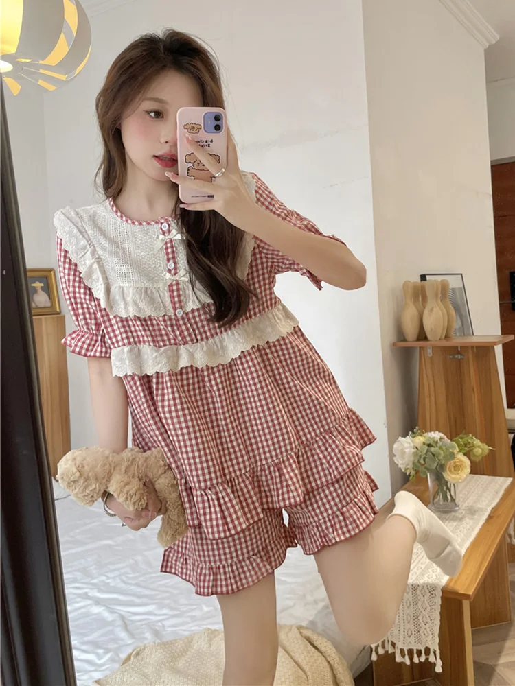 Lace Soft 100%cotton Princess Korean Plaid Sweet Short Sleeve Summer ajama Set Women Cute Court style Loose Elegant Sleep Tops