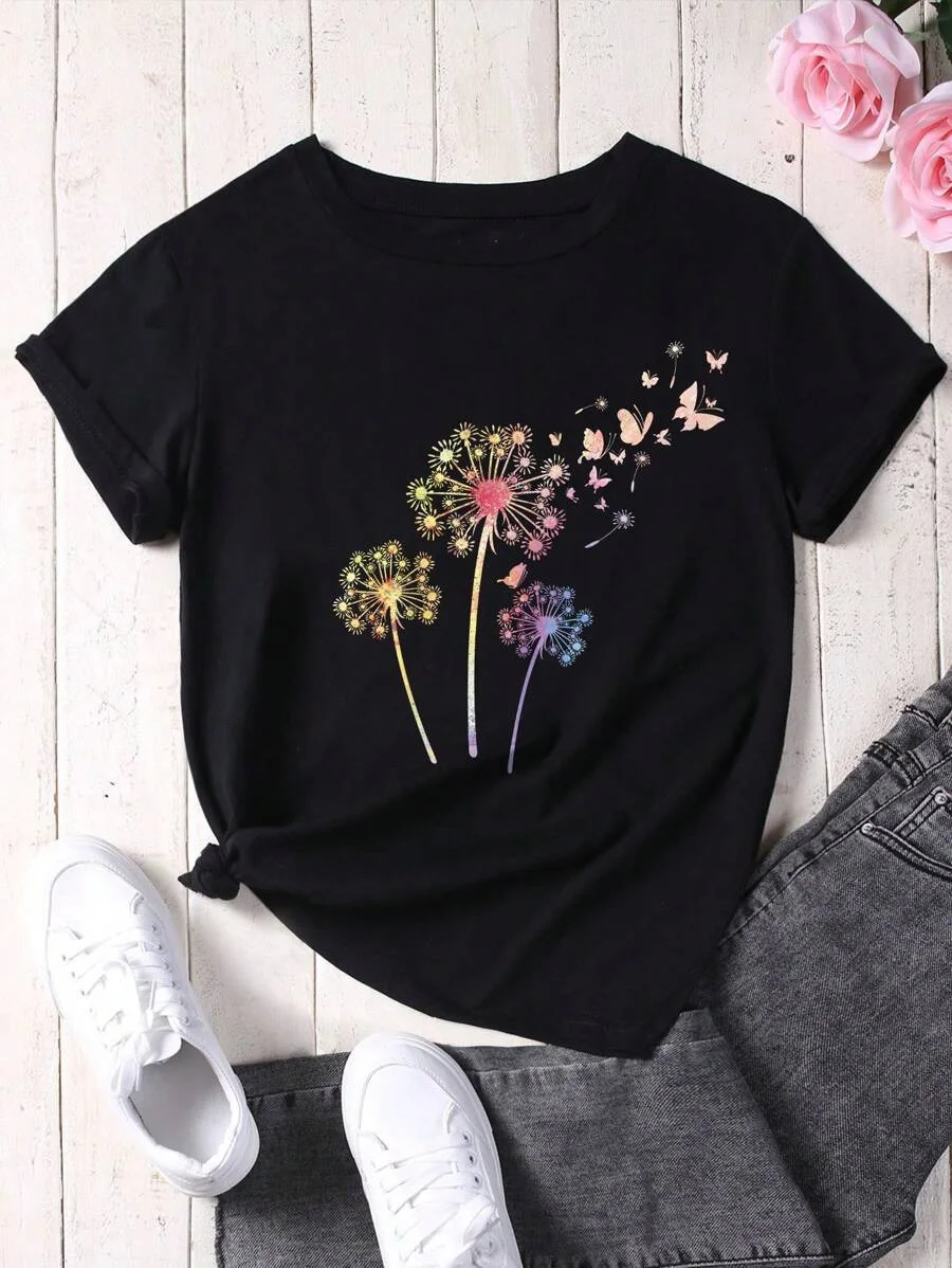 

Plus - Size Fresh Dandelion & Butterfly Graphic Tee, Black Short - Sleeve