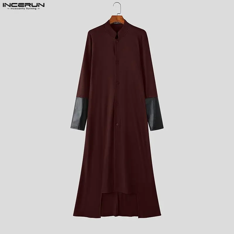 INCERUN Men Long Style Coats Patchwork Trench Stand Collar Long Sleeve Button Male Windbreaker Streetwear Fashion Casual Coat