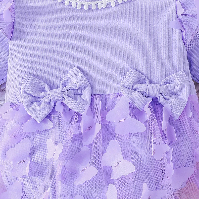 0-18M Baby Dress With Headband Long Sleeve Purple Flower Dress Infant Party Dresses Bow Floral Mesh for Newborn Birthday Party