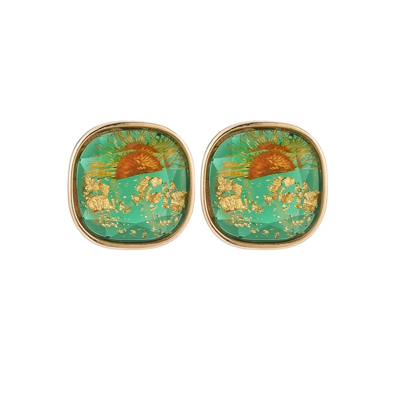 

Green square stud earrings, special design sense, premium French Xiaoxiangfeng niche retro oil painting earrings, women