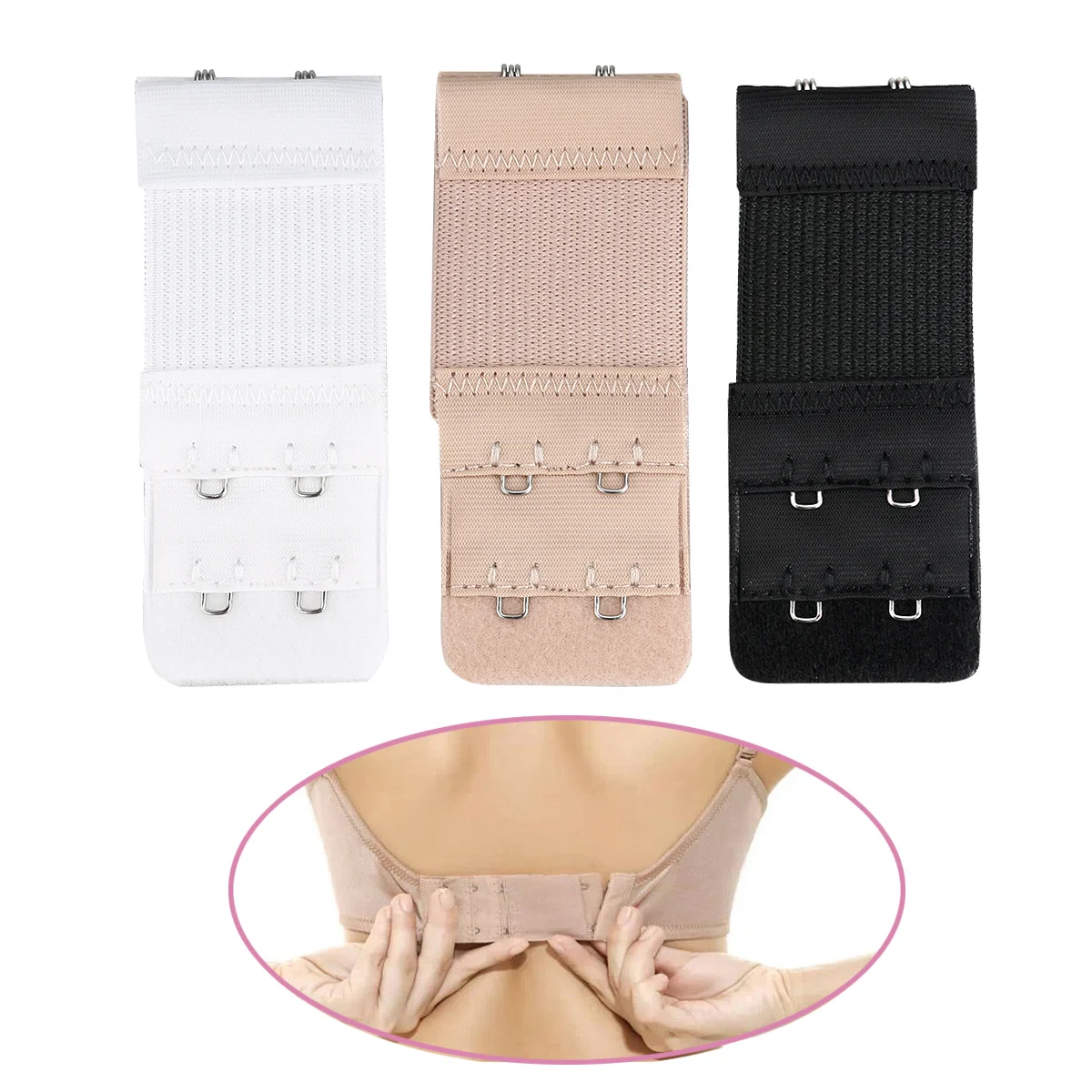 Estensori per Reggiseno a 2 Ganci e 2 File, Elastici in Cotone con Acciaio Inossidabile, Nero Bianco Nude, Regolabili, Riduce le Dimensioni