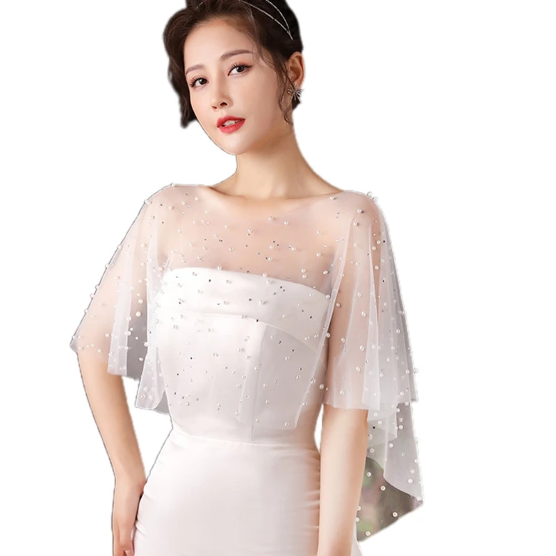 X7YC Women Sheer Tulle Pleated Wedding Shawl Pearl Beads White Capelet Vintage High Low Shrug Wrap Cover Up