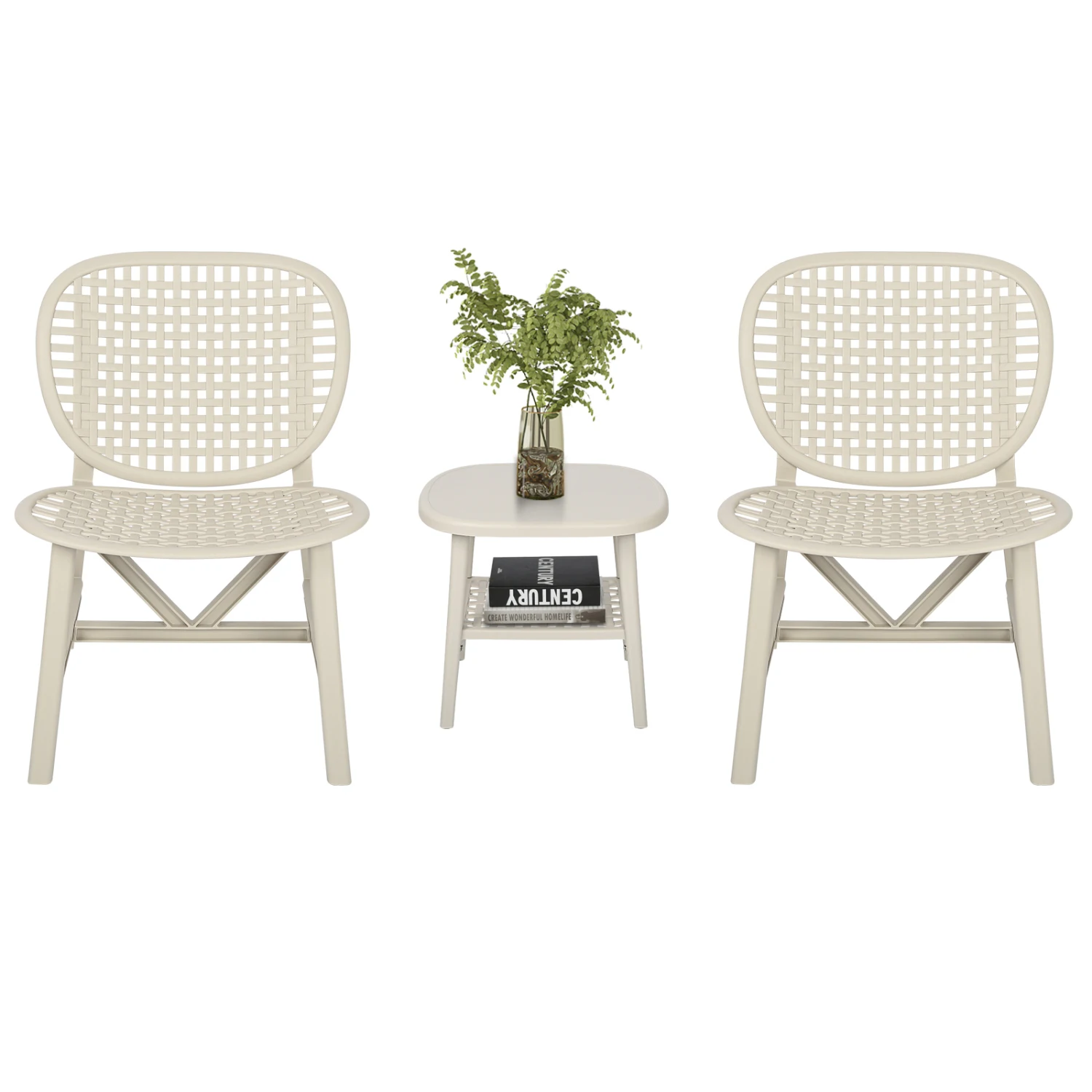 Retro Patio Table Chair Set, All Weather Bistro Set with Lounge Chairs, White Outdoor Conversation Set