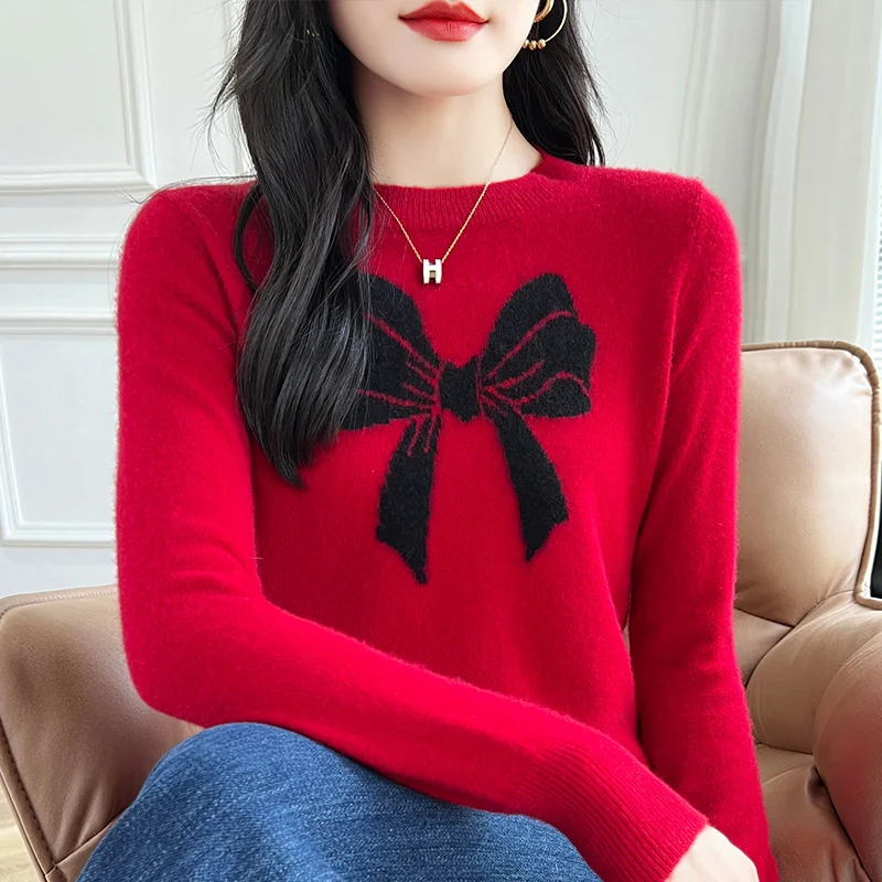 100% Merino Wool Cashmere Sweater Women Knit Pullover O-neck Embroidery Long Sleeve 2024 Autumn/Winter Korean Clothing Warm Tops