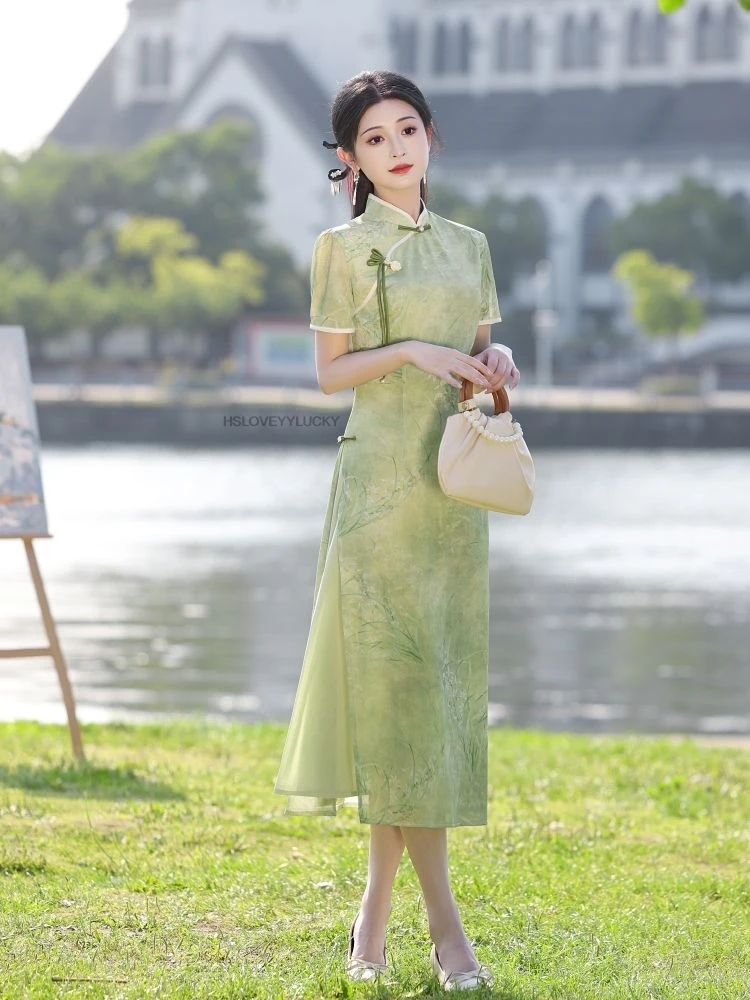 Aodai فيتنام الملابس شيونغسام تشيباو الصينية الفيتنامية خمر أنيقة قصيرة الأكمام تشيباو فستان سيدة الشيفون تشيباو فستان