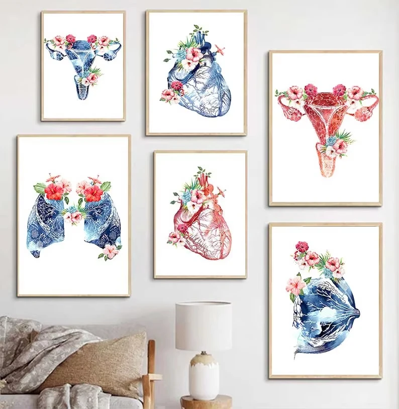 Flower Breast Uterus Kidney Liver Anatomy Wall Art Canvas Painting Nordic Posters and Prints Wall Pictures for Doctors Office