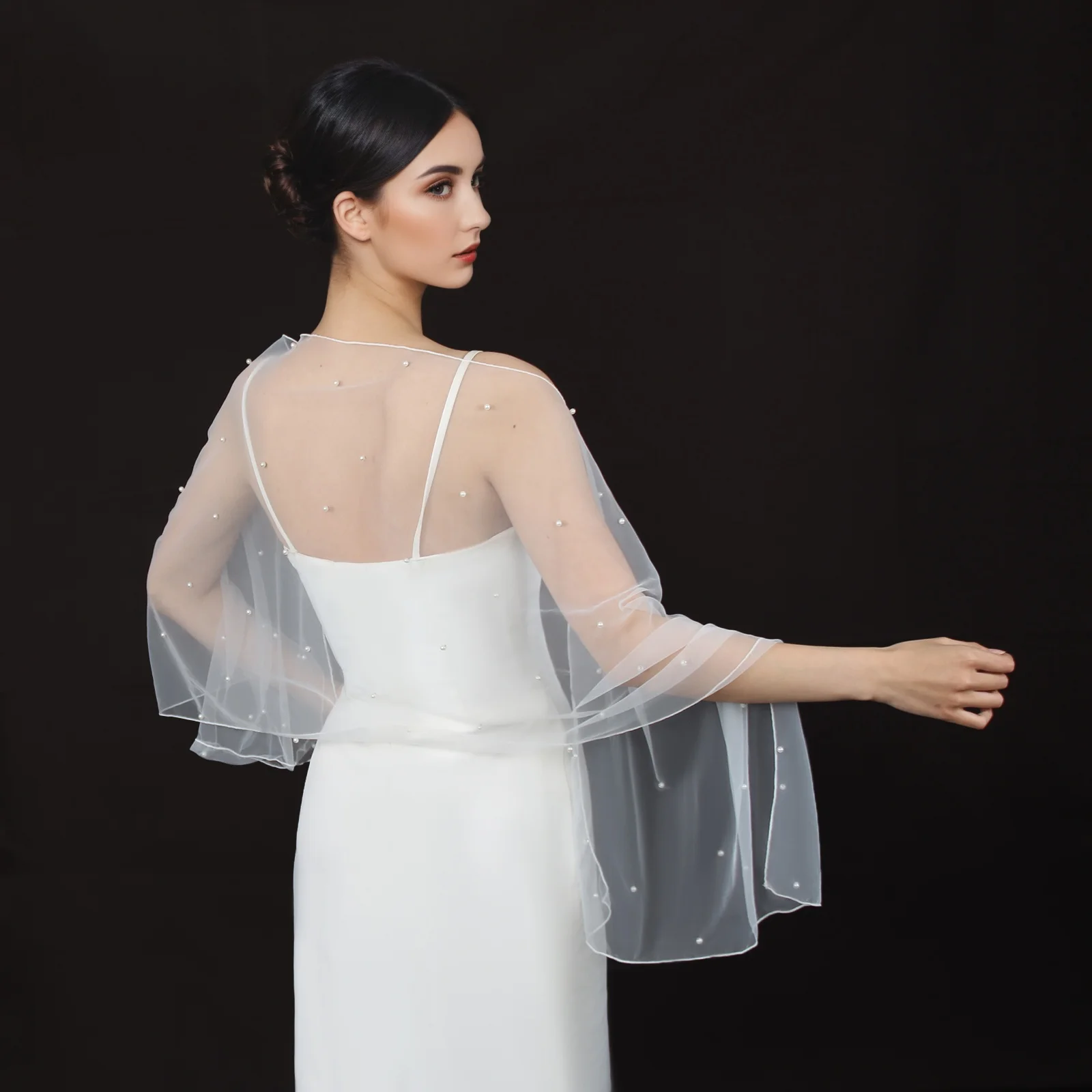 Elegant Pearl Embellished Sheer Tulle Shawl Wrap Rectangular Pencil Edge – Convertible Scarf Hijab for Wedding Bridal Evening