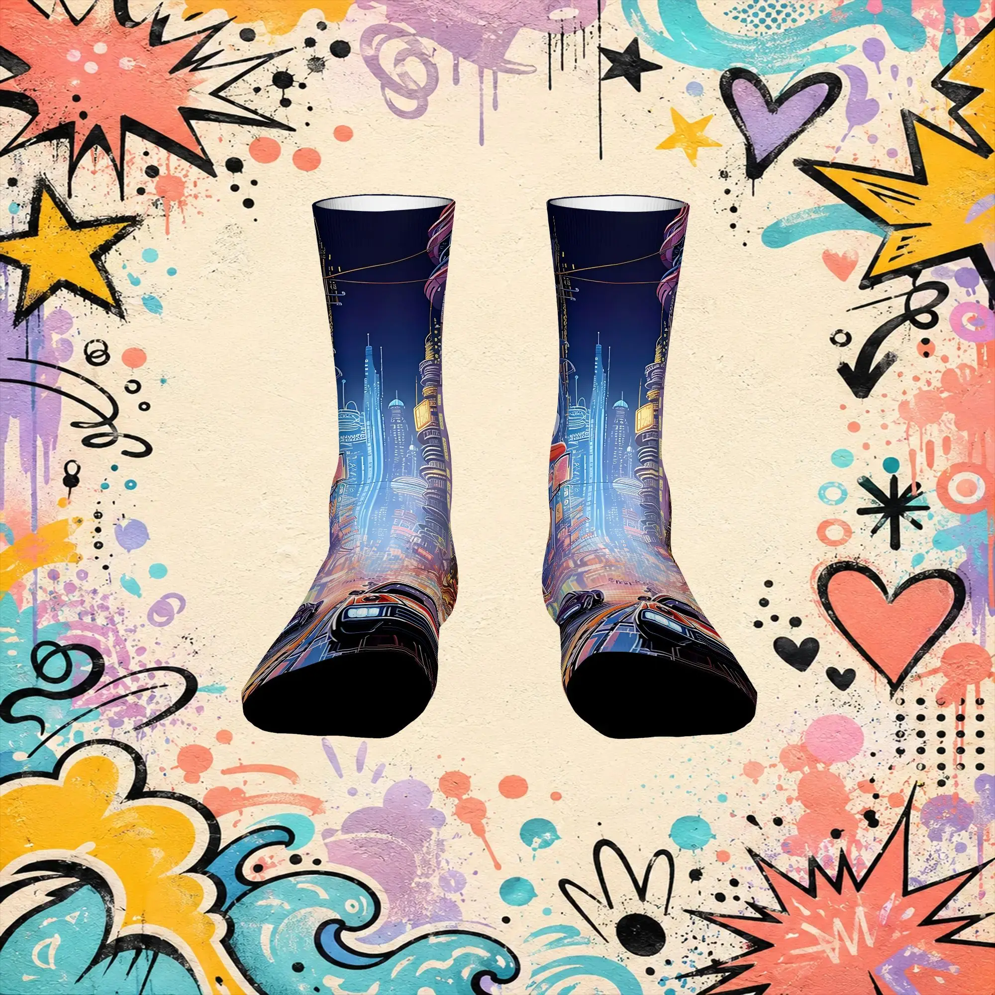 Fashion Retro Metropolis Bright Light Print Crazy Men's compression Socks Unisex  Funny Crew Sock