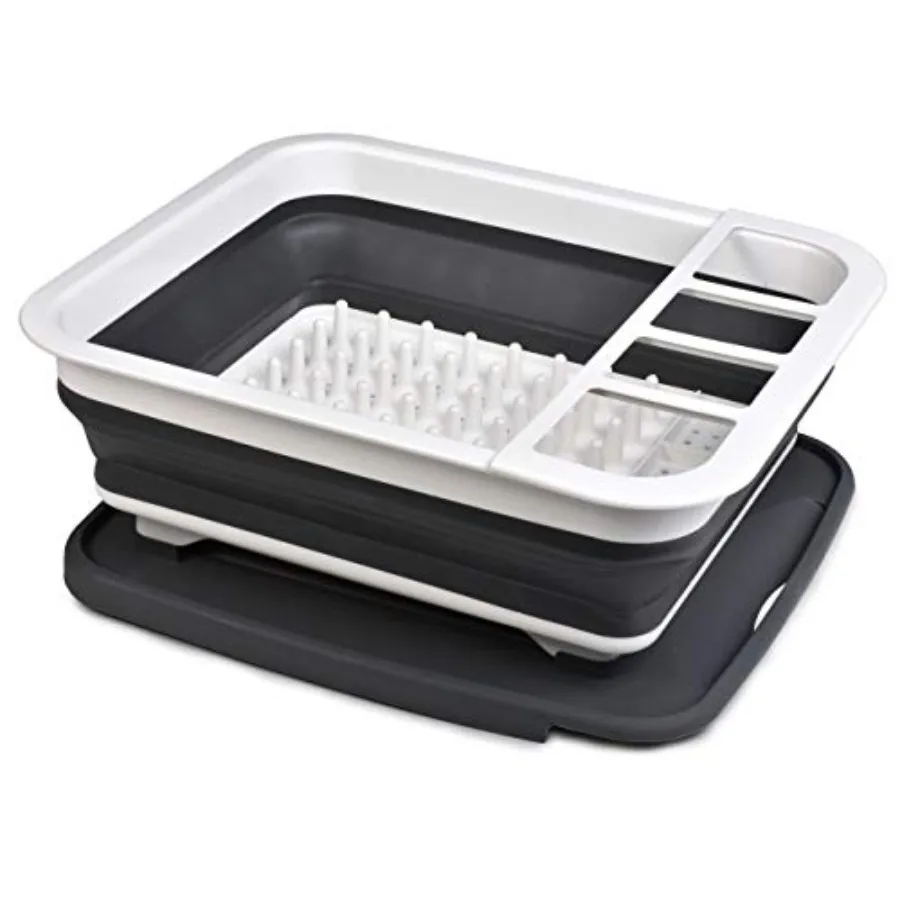 

PopUp Collapsible Dish Drying Rack: Convenient Storage Drains into Sink Eight Large Plate Capacity Sectional Cutlery and Utensi