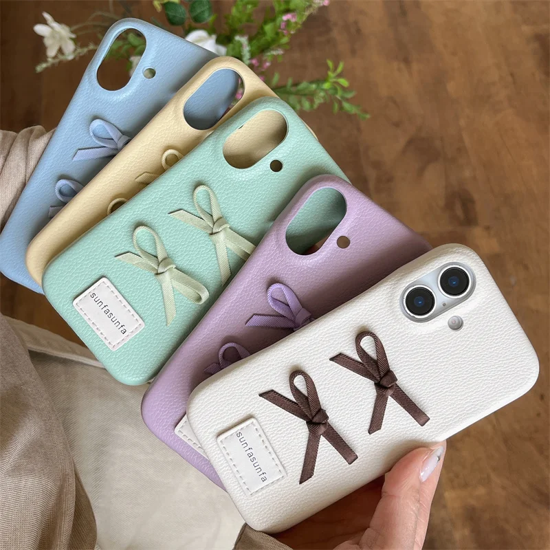 

Korean Cute Bowknot Phone Case For iPhone 16 Pro 14 13 15 Pro Max Back Cover Leather Lovely Cases For Apple 15Pro 14 Max Funda