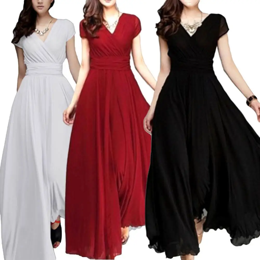 Hot summer Bohemian Women Solid Color Short Sleeve V Neck Tight Waist Maxi Evening Dress Tight Waist Maxi Evening Dress