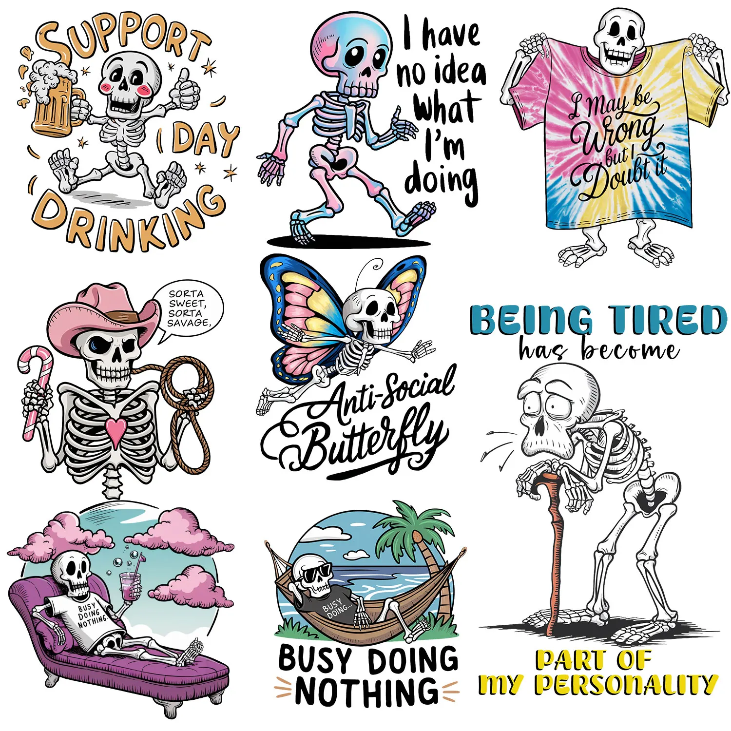 Iron on Decals Patches for Clothes Comic skull Fashion Cloth's Sticker Cool Quick Application, Instant Style DIY Decoration