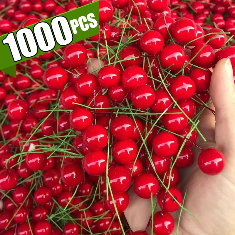 Mini Bagas Vermelhas Artificiais, Fake Stamen, Holly Berry, Pérola Beads, DIY Christmas Tree Ornament, Decoração Grinalda, 50 Pcs, 1000Pcs