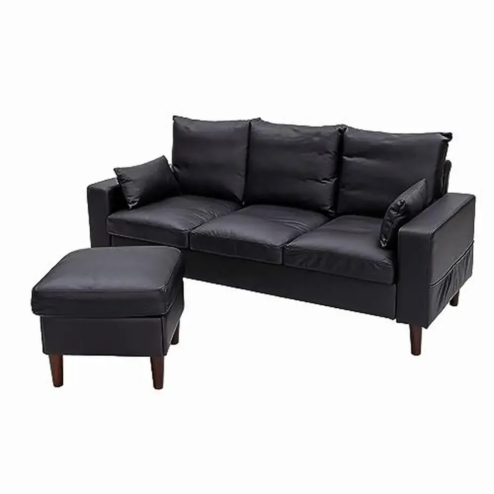 Juego de sofá seccional en forma de L moderno con otomano Convertible, sofá de 3 asientos en tela de cuero negro, sala de estar elegante