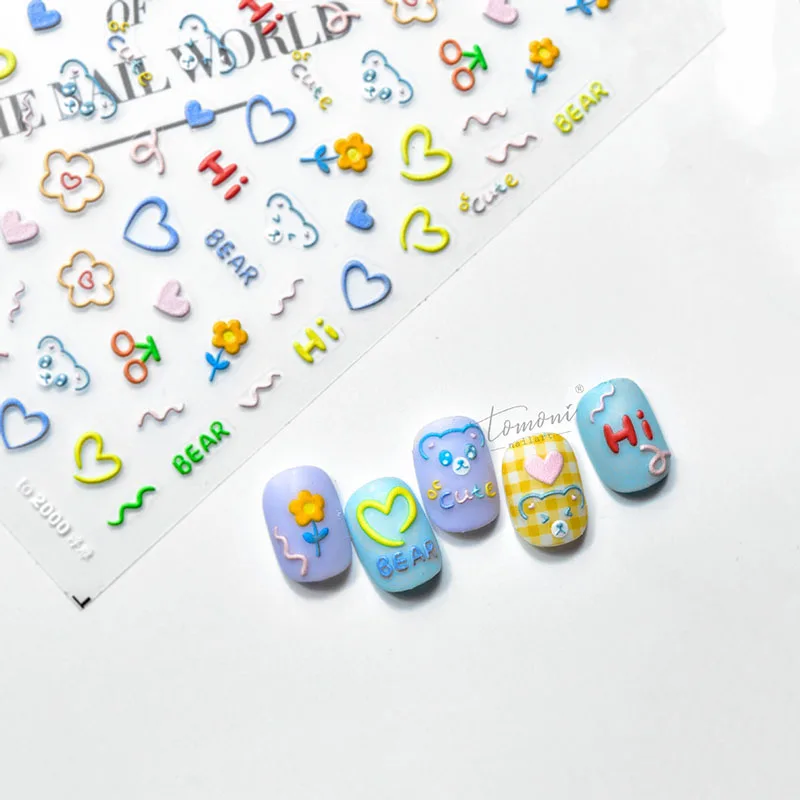 Creative Nail Sticker Embossed Cute Bunny Bear Outline Strawberry Love Heart Nail Art Decal Special Design Manicure Tool